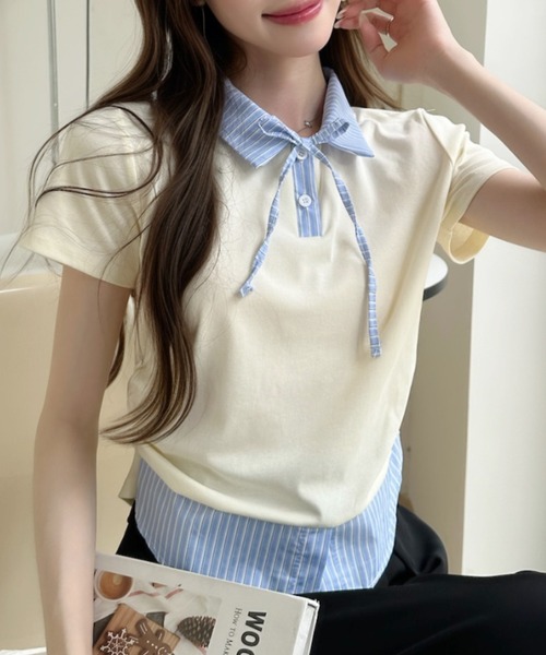 Ada.(エイダ)の「レイヤード風 ストライプ シャツ襟 ドッキング ポロ カットソー(Tシャツ/カットソー・レディース・ホワイト/イエロー/グレー/ブラック・FREE)」の4枚目の写真