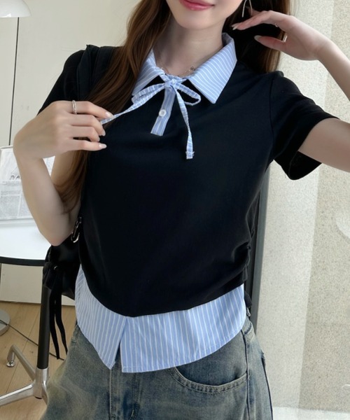 Ada.(エイダ)の「レイヤード風 ストライプ シャツ襟 ドッキング ポロ カットソー(Tシャツ/カットソー・レディース・ホワイト/イエロー/グレー/ブラック・FREE)」の2枚目の写真