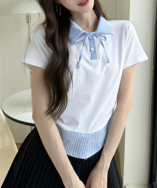 Ada.(エイダ)の「レイヤード風 ストライプ シャツ襟 ドッキング ポロ カットソー(Tシャツ/カットソー・レディース・ホワイト/イエロー/グレー/ブラック・FREE)」の5枚目の写真