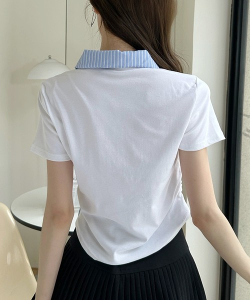 Ada.(エイダ)の「レイヤード風 ストライプ シャツ襟 ドッキング ポロ カットソー(Tシャツ/カットソー・レディース・ホワイト/イエロー/グレー/ブラック・FREE)」の7枚目の写真