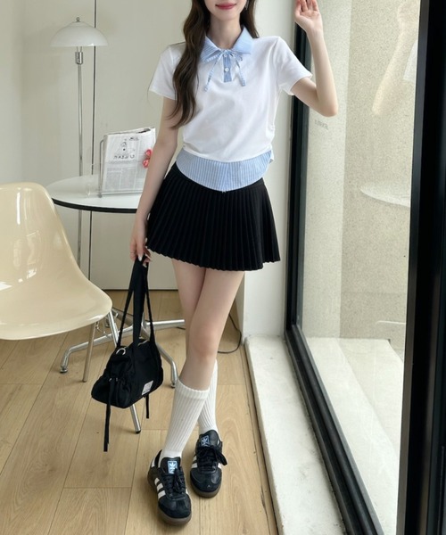 Ada.(エイダ)の「レイヤード風 ストライプ シャツ襟 ドッキング ポロ カットソー(Tシャツ/カットソー・レディース・ホワイト/イエロー/グレー/ブラック・FREE)」の6枚目の写真