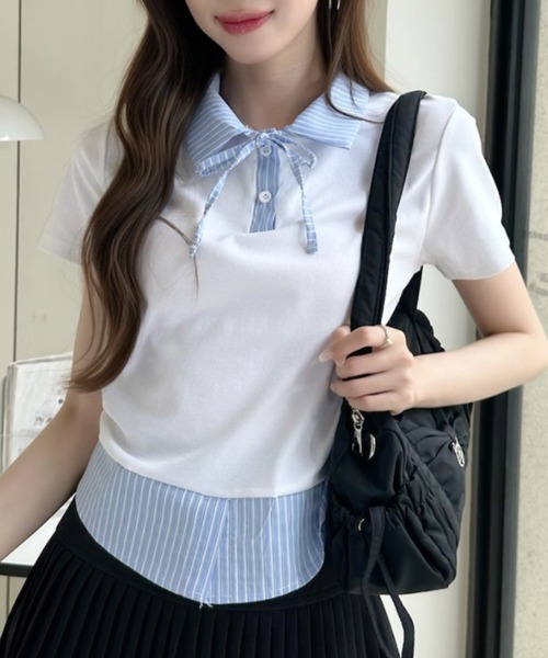 Ada.(エイダ)の「レイヤード風 ストライプ シャツ襟 ドッキング ポロ カットソー(Tシャツ/カットソー・レディース・ホワイト/イエロー/グレー/ブラック・FREE)」の8枚目の写真