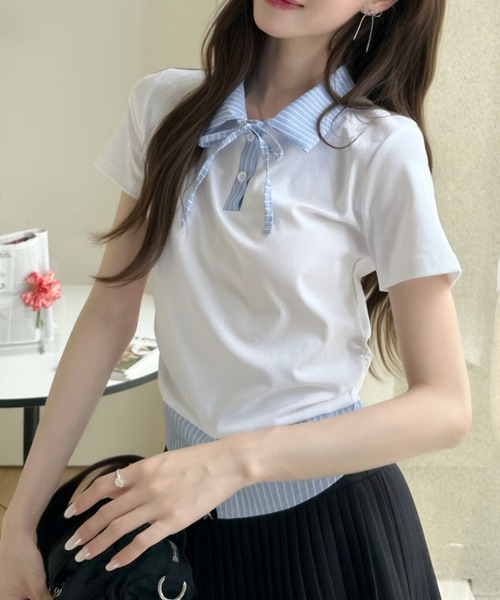 Ada.(エイダ)の「レイヤード風 ストライプ シャツ襟 ドッキング ポロ カットソー(Tシャツ/カットソー・レディース・ホワイト/イエロー/グレー/ブラック・FREE)」の9枚目の写真