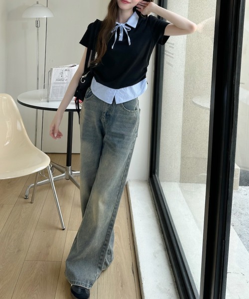 Ada.(エイダ)の「レイヤード風 ストライプ シャツ襟 ドッキング ポロ カットソー(Tシャツ/カットソー・レディース・ホワイト/イエロー/グレー/ブラック・FREE)」の12枚目の写真