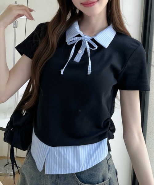 Ada.(エイダ)の「レイヤード風 ストライプ シャツ襟 ドッキング ポロ カットソー(Tシャツ/カットソー・レディース・ホワイト/イエロー/グレー/ブラック・FREE)」の14枚目の写真