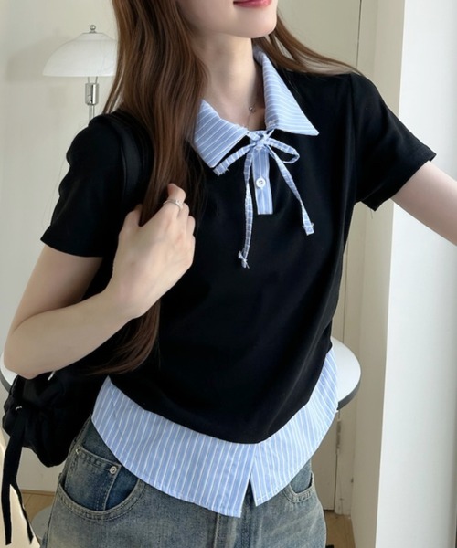 Ada.(エイダ)の「レイヤード風 ストライプ シャツ襟 ドッキング ポロ カットソー(Tシャツ/カットソー・レディース・ホワイト/イエロー/グレー/ブラック・FREE)」の10枚目の写真