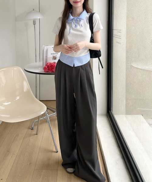 Ada.(エイダ)の「レイヤード風 ストライプ シャツ襟 ドッキング ポロ カットソー(Tシャツ/カットソー・レディース・ホワイト/イエロー/グレー/ブラック・FREE)」の17枚目の写真