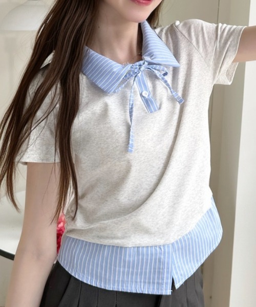 Ada.(エイダ)の「レイヤード風 ストライプ シャツ襟 ドッキング ポロ カットソー(Tシャツ/カットソー・レディース・ホワイト/イエロー/グレー/ブラック・FREE)」の15枚目の写真