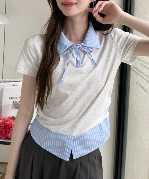 Ada.(エイダ)の「レイヤード風 ストライプ シャツ襟 ドッキング ポロ カットソー(Tシャツ/カットソー・レディース・ホワイト/イエロー/グレー/ブラック・FREE)」の16枚目の写真