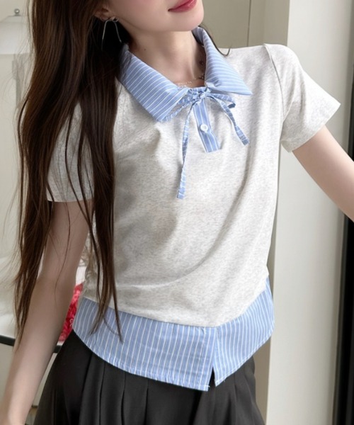 Ada.(エイダ)の「レイヤード風 ストライプ シャツ襟 ドッキング ポロ カットソー(Tシャツ/カットソー・レディース・ホワイト/イエロー/グレー/ブラック・FREE)」の19枚目の写真