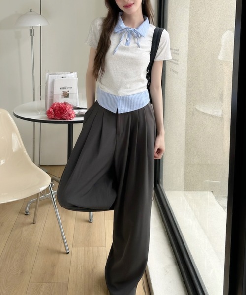 Ada.(エイダ)の「レイヤード風 ストライプ シャツ襟 ドッキング ポロ カットソー(Tシャツ/カットソー・レディース・ホワイト/イエロー/グレー/ブラック・FREE)」の20枚目の写真