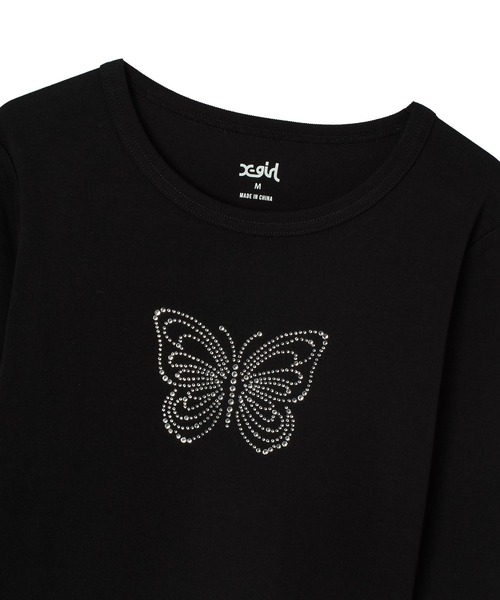 X-girl（エックスガール）の「RHINESTONE BUTTERFLY L/S BABY TEE（Tシャツ/カットソー・レディース・ブラウン/ホワイト/ブラック・S/M）」の5枚目の写真