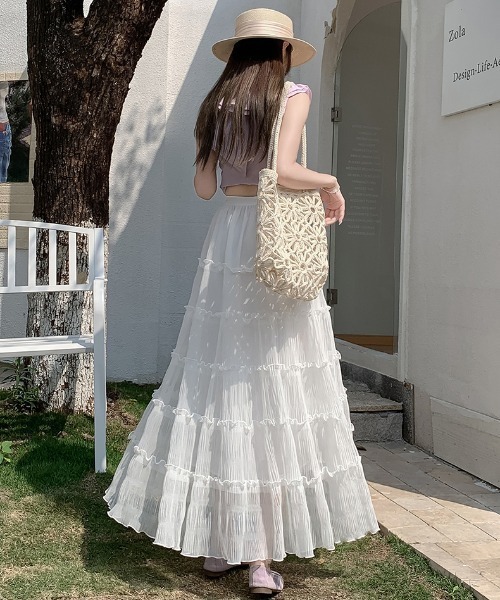 AMAJI(アマジ)の「フリル 切替 ギャザー メッシュ ティアード ハイウエスト Aライン ロングスカート(スカート・レディース・ブラック/ホワイト/ベージュ・SMALL/MEDIUM/LARGE/X-LARGE)」の6枚目の写真