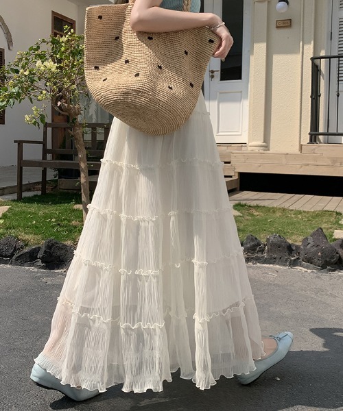 AMAJI(アマジ)の「フリル 切替 ギャザー メッシュ ティアード ハイウエスト Aライン ロングスカート(スカート・レディース・ブラック/ホワイト/ベージュ・SMALL/MEDIUM/LARGE/X-LARGE)」の8枚目の写真
