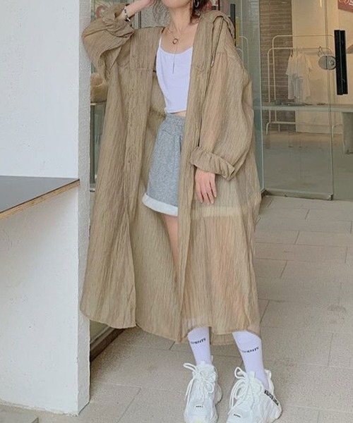 mielu(ミエル)の「シアーフーディーロングシャツ(シャツ/ブラウス・レディース・ベージュ/イエロー・LARGE/MEDIUM)」の1枚目の写真