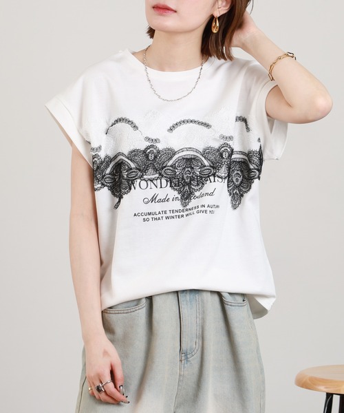 EGLANTINE（エグランティーヌ）の「EGLANTINE レース加工フレンチスリーブカットソー（Tシャツ/カットソー・レディース・チャコールグレー/オフホワイト/ブラック・38）」の3枚目の写真