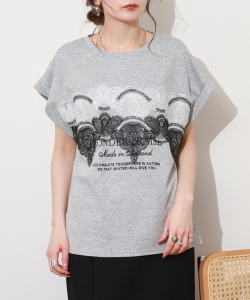 EGLANTINE（エグランティーヌ）の「EGLANTINE レース加工フレンチスリーブカットソー（Tシャツ/カットソー・レディース・チャコールグレー/オフホワイト/ブラック・38）」の5枚目の写真