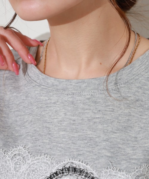 EGLANTINE（エグランティーヌ）の「EGLANTINE レース加工フレンチスリーブカットソー（Tシャツ/カットソー・レディース・チャコールグレー/オフホワイト/ブラック・38）」の8枚目の写真