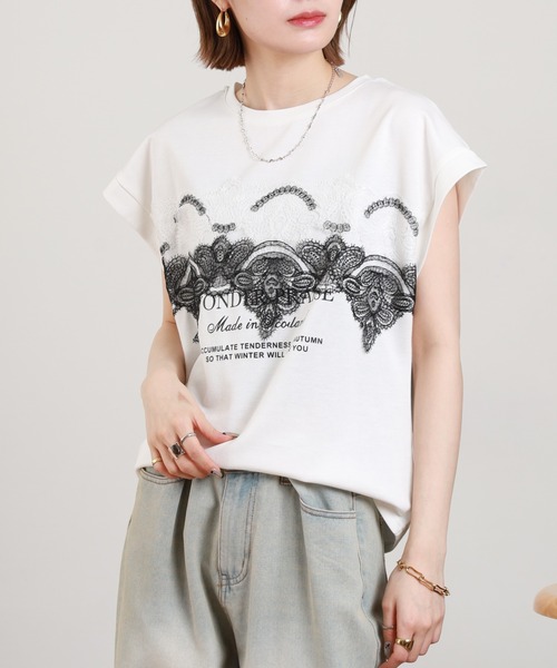 EGLANTINE（エグランティーヌ）の「EGLANTINE レース加工フレンチスリーブカットソー（Tシャツ/カットソー・レディース・チャコールグレー/オフホワイト/ブラック・38）」の14枚目の写真
