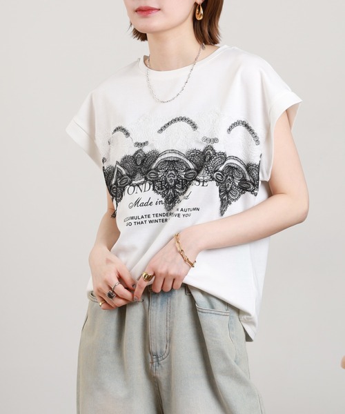 EGLANTINE（エグランティーヌ）の「EGLANTINE レース加工フレンチスリーブカットソー（Tシャツ/カットソー・レディース・チャコールグレー/オフホワイト/ブラック・38）」の15枚目の写真