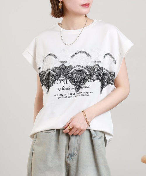 EGLANTINE（エグランティーヌ）の「EGLANTINE レース加工フレンチスリーブカットソー（Tシャツ/カットソー・レディース・チャコールグレー/オフホワイト/ブラック・38）」の16枚目の写真