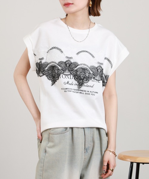 EGLANTINE（エグランティーヌ）の「EGLANTINE レース加工フレンチスリーブカットソー（Tシャツ/カットソー・レディース・チャコールグレー/オフホワイト/ブラック・38）」の17枚目の写真