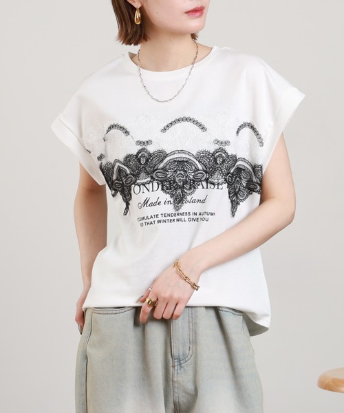 EGLANTINE（エグランティーヌ）の「EGLANTINE レース加工フレンチスリーブカットソー（Tシャツ/カットソー・レディース・チャコールグレー/オフホワイト/ブラック・38）」の18枚目の写真