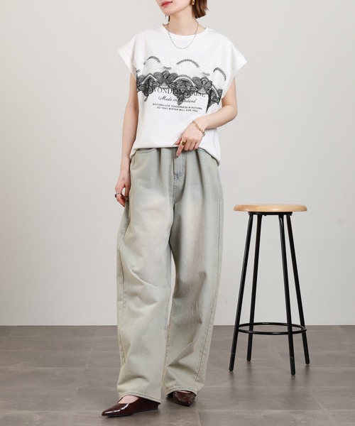 EGLANTINE（エグランティーヌ）の「EGLANTINE レース加工フレンチスリーブカットソー（Tシャツ/カットソー・レディース・チャコールグレー/オフホワイト/ブラック・38）」の19枚目の写真
