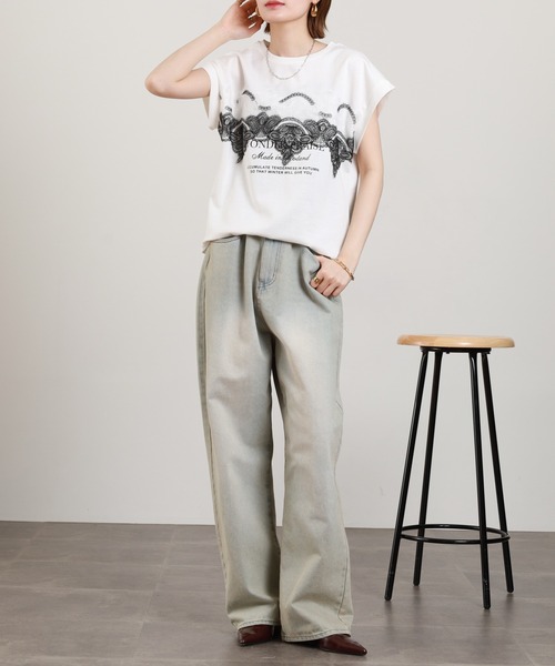 EGLANTINE（エグランティーヌ）の「EGLANTINE レース加工フレンチスリーブカットソー（Tシャツ/カットソー・レディース・チャコールグレー/オフホワイト/ブラック・38）」の20枚目の写真