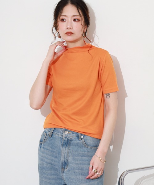 Re:EDIT(リエディ)の「フライスハイネック5分袖プルオーバー(Tシャツ/カットソー・レディース・オレンジ/ピンク・FREE)」の2枚目の写真