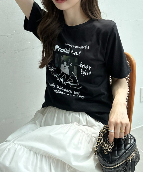 Ada.(エイダ)の「キャット イラスト フォト クルーネック Tシャツ(Tシャツ/カットソー・レディース・オフホワイト/ピンク/ブラック/グレー・FREE)」の11枚目の写真