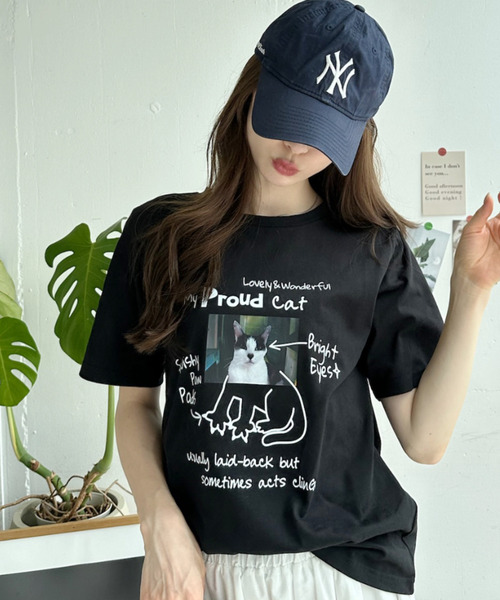 Ada.(エイダ)の「キャット イラスト フォト クルーネック Tシャツ(Tシャツ/カットソー・レディース・オフホワイト/ピンク/ブラック/グレー・FREE)」の12枚目の写真