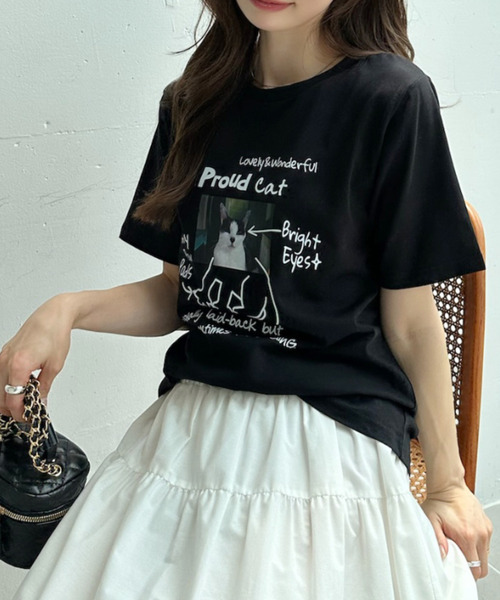 Ada.(エイダ)の「キャット イラスト フォト クルーネック Tシャツ(Tシャツ/カットソー・レディース・オフホワイト/ピンク/ブラック/グレー・FREE)」の13枚目の写真