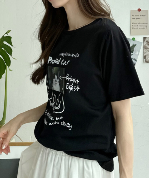 Ada.(エイダ)の「キャット イラスト フォト クルーネック Tシャツ(Tシャツ/カットソー・レディース・オフホワイト/ピンク/ブラック/グレー・FREE)」の16枚目の写真