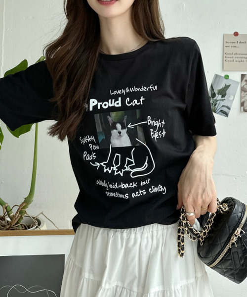Ada.(エイダ)の「キャット イラスト フォト クルーネック Tシャツ(Tシャツ/カットソー・レディース・オフホワイト/ピンク/ブラック/グレー・FREE)」の17枚目の写真