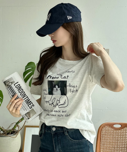 Ada.(エイダ)の「キャット イラスト フォト クルーネック Tシャツ(Tシャツ/カットソー・レディース・オフホワイト/ピンク/ブラック/グレー・FREE)」の18枚目の写真
