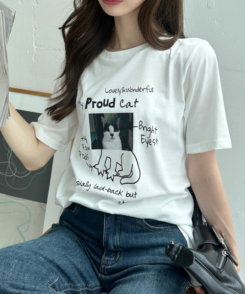 Ada.(エイダ)の「キャット イラスト フォト クルーネック Tシャツ(Tシャツ/カットソー・レディース・オフホワイト/ピンク/ブラック/グレー・FREE)」の5枚目の写真