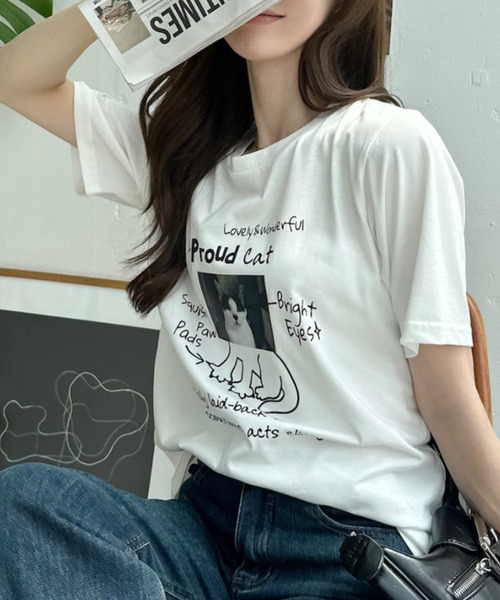 Ada.(エイダ)の「キャット イラスト フォト クルーネック Tシャツ(Tシャツ/カットソー・レディース・オフホワイト/ピンク/ブラック/グレー・FREE)」の6枚目の写真