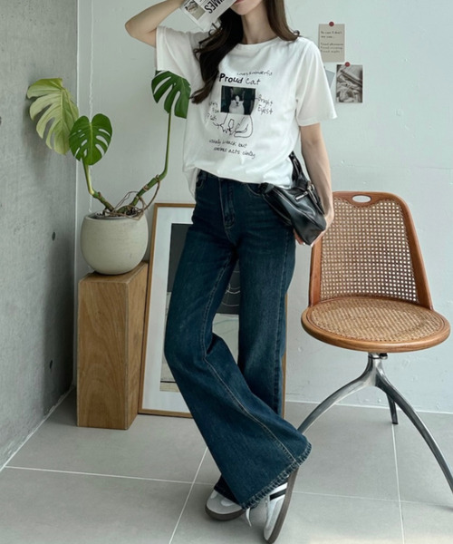 Ada.(エイダ)の「キャット イラスト フォト クルーネック Tシャツ(Tシャツ/カットソー・レディース・オフホワイト/ピンク/ブラック/グレー・FREE)」の7枚目の写真