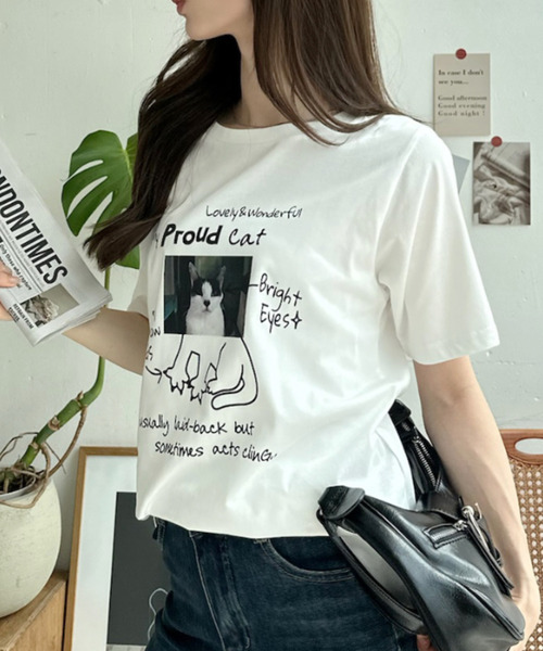 Ada.(エイダ)の「キャット イラスト フォト クルーネック Tシャツ(Tシャツ/カットソー・レディース・オフホワイト/ピンク/ブラック/グレー・FREE)」の9枚目の写真