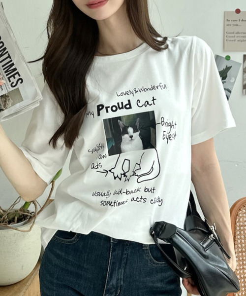 Ada.(エイダ)の「キャット イラスト フォト クルーネック Tシャツ(Tシャツ/カットソー・レディース・オフホワイト/ピンク/ブラック/グレー・FREE)」の10枚目の写真