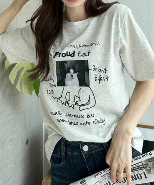 Ada.(エイダ)の「キャット イラスト フォト クルーネック Tシャツ(Tシャツ/カットソー・レディース・オフホワイト/ピンク/ブラック/グレー・FREE)」の19枚目の写真