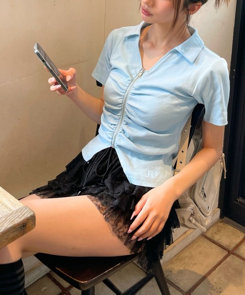 3.3 Field Trip (3.3フィールドトリップ)の「3.3 Field Trip/フロントシャーリングZIP半袖(Tシャツ/カットソー・レディース・ピンク/ブラック/ライトブルー/グレー・FREE)」の5枚目の写真