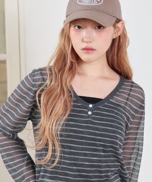 LiLIN(リリン)の「シアー ヘンリーネック 長袖 ニット プルオーバー(ニット/セーター・レディース・グレー/ダークグレー/ホワイト×ブラック/ピンク/ホワイト・FREE)」の18枚目の写真