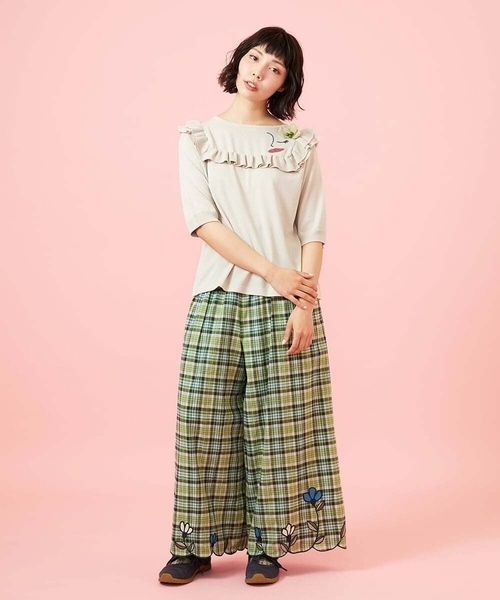Jocomomola(ホコモモラ)の「Dulcinea チェックスカラップ刺繍入りワイドパンツ(その他パンツ・レディース・オレンジ/グリーン・40)」の9枚目の写真
