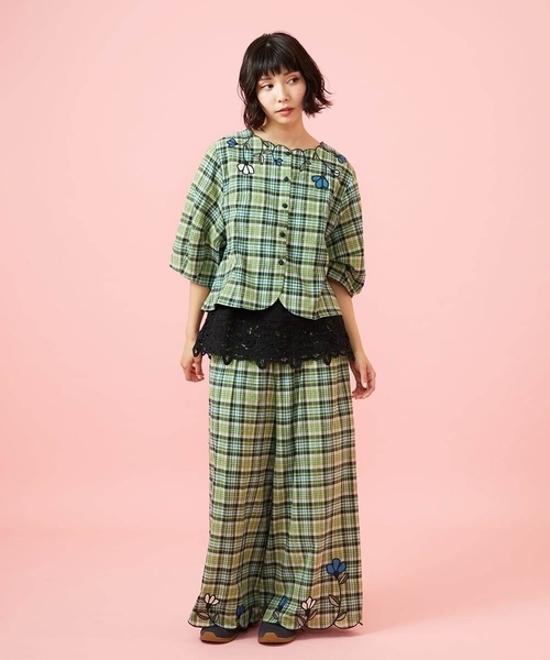 Jocomomola(ホコモモラ)の「Dulcinea チェックスカラップ刺繍入りワイドパンツ(その他パンツ・レディース・オレンジ/グリーン・40)」の10枚目の写真