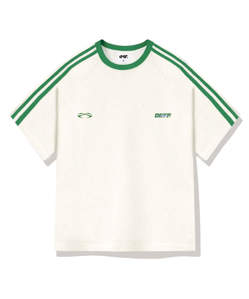 DIIFF（ディフ）の「ダブルストリップオーバーサイズトラック半袖Tシャツ4カラー[DISE_3002]（Tシャツ/カットソー・メンズ・クリーム/ブラック/ホワイト×グリーン/ホワイト×ブラック・SMALL/MEDIUM/LARGE/X-LARGE）」の7枚目の写真