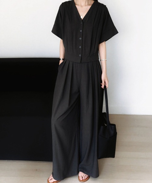 2ly2(トゥーリートゥー)の「Vネックトップス&ワイドパンツセットアップ レディース ゆったりシルエット(セットアップ・レディース・グリーン/ブラウン/アイボリー/ブラック・FREE)」の10枚目の写真