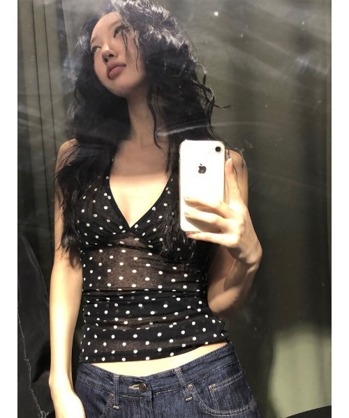 Ritzy(リッツィー)の「ドット柄 透け感素材 フィット感キャミソール(キャミソール・レディース・ブラック/グレー・M/L/S)」の3枚目の写真