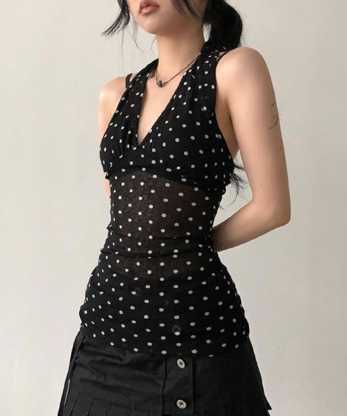 Ritzy(リッツィー)の「ドット柄 透け感素材 フィット感キャミソール(キャミソール・レディース・ブラック/グレー・M/L/S)」の12枚目の写真